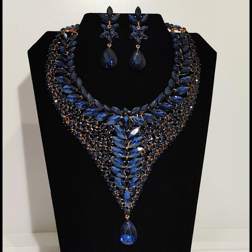 Navy Blue Crystal Drop Necklace Set